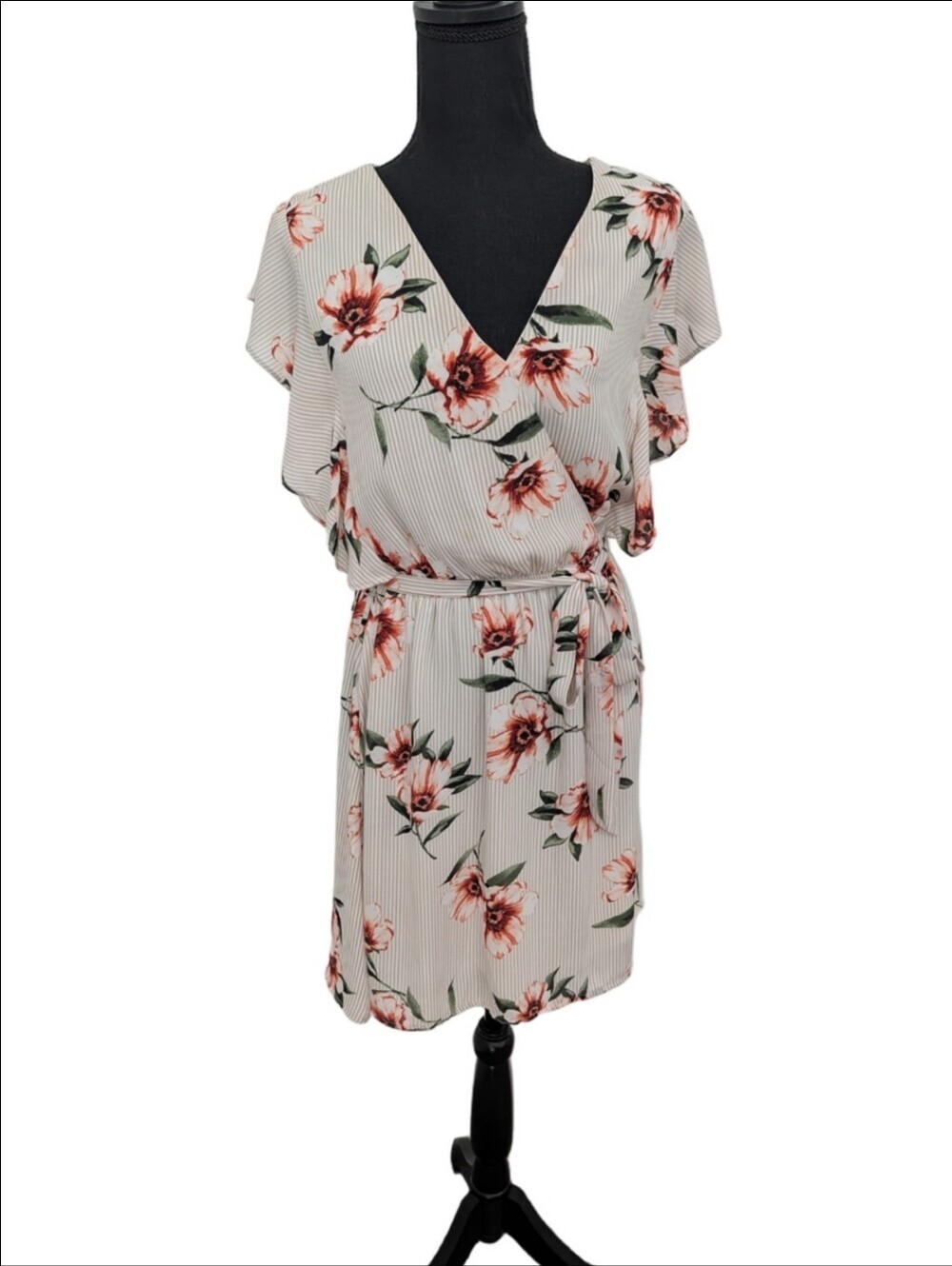 She + Sky V-Neck Flutter Sleeves Floral Striped Dress